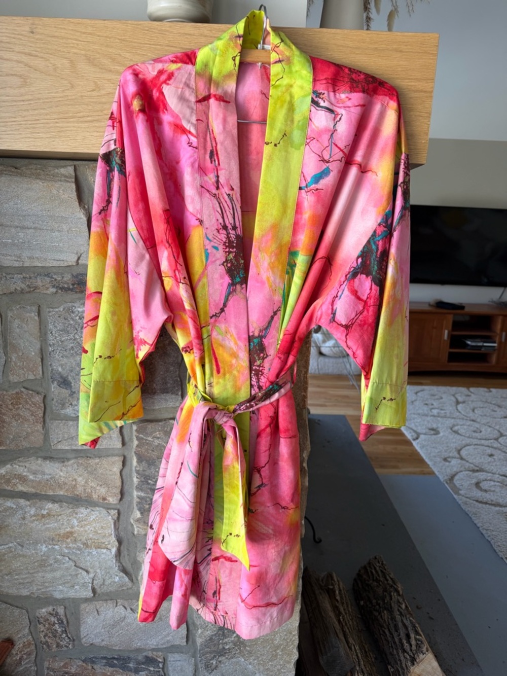 Natori Vibrant Radiance Satin Robe Marble Print Kimono Robe size L